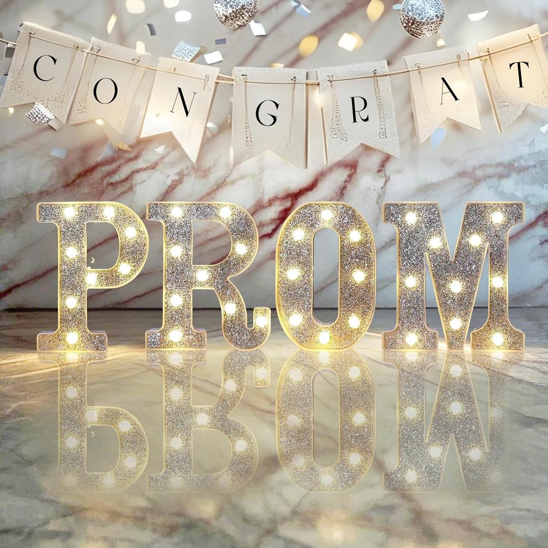 MEHOFOND 4 Pcs Glitter Silver LED Prom Graduation Prom Light Up Decorations, Silver 2025 Graduation Prom Sign, Led Prom Letters Lights, School Ball Graduation Prom Wall Table Party Decor