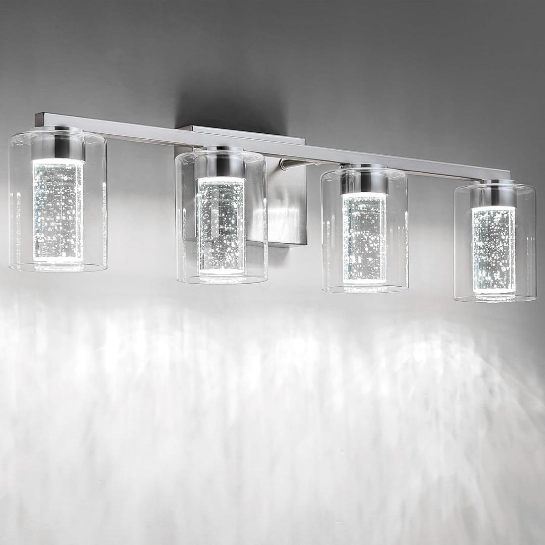 SineRise 4-Light Brushed Nickel Vanity Light with 3 Color Modes (3000K/ 4000K/ 6500K), Eye Protection LED Bathroom Light Fixture, Dimmable Modern Wall Light Over Mirror with Clear Glass Shade