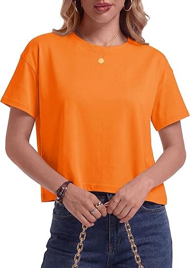 NOMUI Pure Cotton Crop Tops for Women Short Sleeve Boxy Loose Fit Cropped T Shirts Crew Neck Drop Shoulder Basic Tees 2026(Orange, Medium)