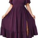 SCOMCHIC Womens Plus Size Wedding Guest Cocktail Dresses Sweetheart Neckline Short Sleeve Smocked Ruffle Slit Maxi Dress, 3XL