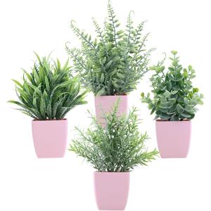 summer flower 4 Pack Small Fake Plants in Pink Pot Artificial Plant Indoor Eucalyptus Wheat Grass Ferns Rosemary Faux Greenery for Room Decor Home Office Desk Bathroom Kitchen Living Room Decorations