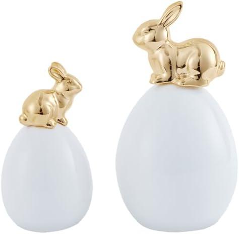 Easter Bunny Decorations, 2 Pcs Cute Gold Rabbit Sit on White Eggs Figurines for Spring Indoor Home Decorations