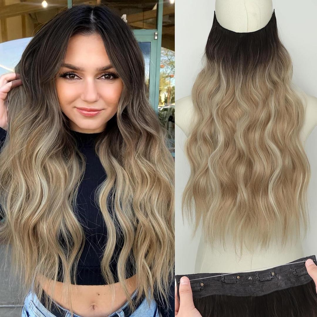 KooKaStyle Invisible Wire Hair Extensions with Transparent Headband Adjustable Size 4 Secure Clips Long Wavy Secret Wire Hairpiece Brown to Blonde mix Highlight 20 Inch for Women