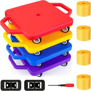 4 Pack Sports Scooter Board with Handles, Floor Sitting Scooter Board with Non-Marring Plastic Casters for Kids Gym Indoor Outdoor Play, 12 Inches