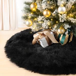 MACTING Faux Fur Christmas Tree Skirt 28 Inch Black Plush Skirt Fluffy Soft Double Layer Small Tree Mat Base Cover for Merry Christmas Party Holiday Home Indoor Halloween Xmas Tree Decorations