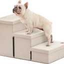 Love's cabin Dog Stairs for High Bed 18" H, Foldable Pet Stairs for Small Medium or Large Dogs Puppy with Storage for Bed or Couch, Cat Dog Steps Ramp with Zip up to 200 lbs, Beige, 3 Steps