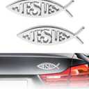 2PCS Jesus Car Decal,Car Accessories 3D Christian Auto Stickers,Jesus Fish Cars Emblem,Chrome Bumper Decals,Suitable for Auto Motorcycles SUVs Trunk Door Fender Bumper Decoration (Silver)