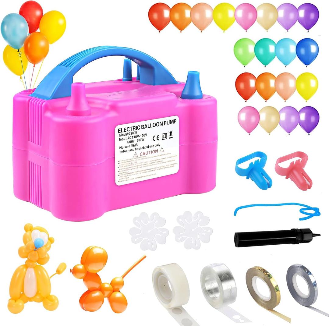 Balloon Pump,Dual Nozzles Electric Balloon Pump with 100 Balloons, Balloon Inflator Air Pump Balloon Blower with Tying Tool, Colored Ribbons for Party Birthday Wedding Festival Decoration (Rose Set-2)
