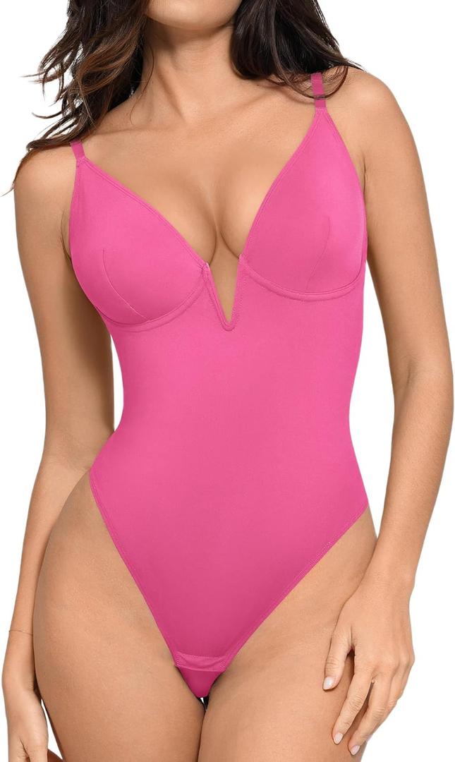 Popilush Shapewear Body Suits for Womens - Tummy Control Bodysuits for Women Deep V Corset Tops Thong Body Shaper (L(8-10), Pink)