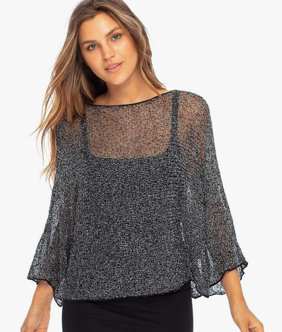 Back From Bali Womens Sheer Shrug Dressy Poncho Top Lightweight Mesh Knit Sweater Dolman Sleeves (One Size)