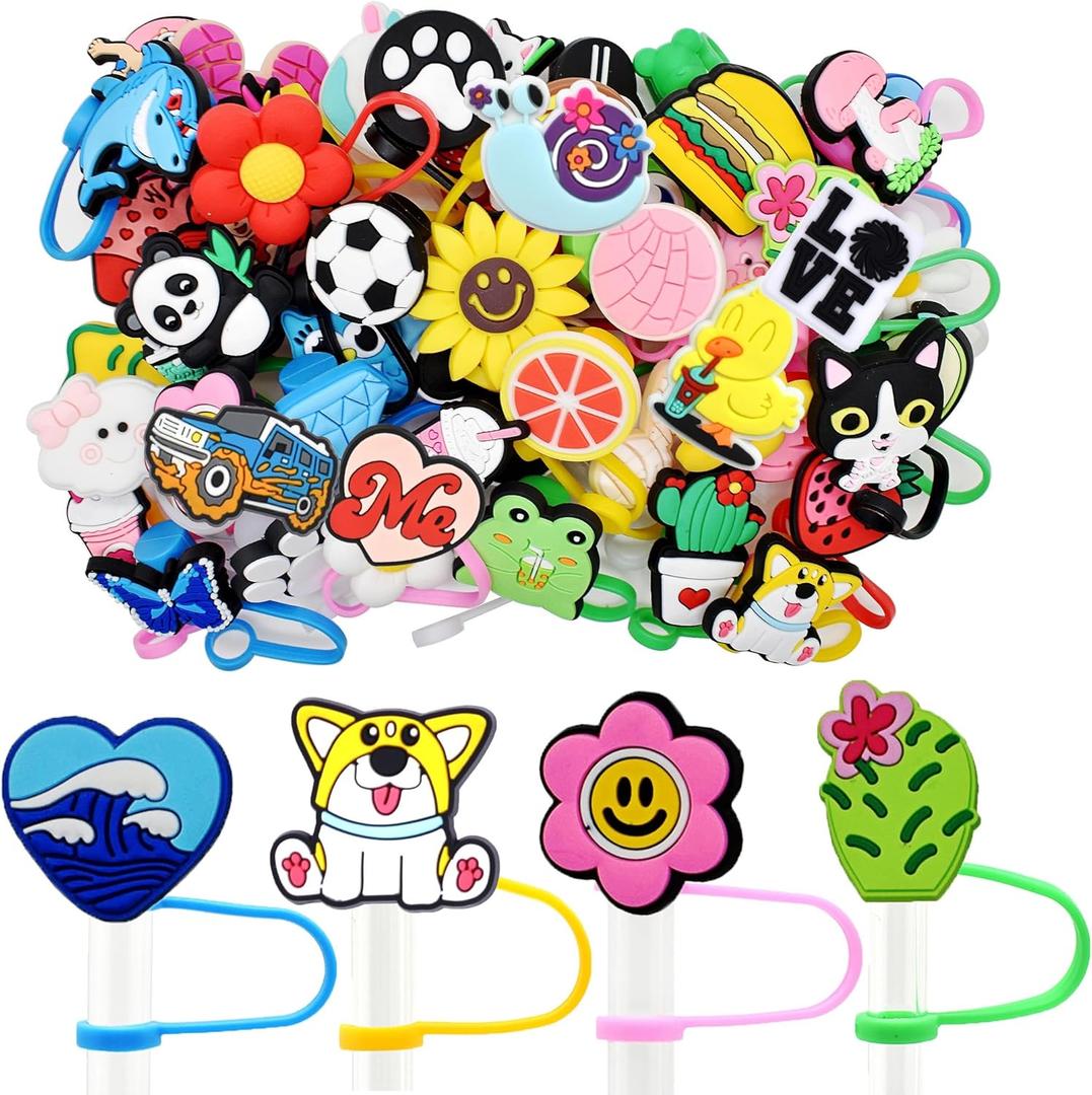 Random Different 50PCS 0.4in Straw Covers Cap Dust Proof Cute Reusable Drinking Straw Toppers PVC for 9-10mm Tumbler Cup Straws Accessories