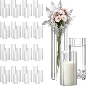 24 Pcs Bulk Ribbed Glass Vases & Hurricane Candle Holders, 2.6" x 5/6/8 Assorted Heights, Thickened Shatter-Resistant Clear Glass, Centerpieces for Wedding, Outdoor Party & Home Table Decor