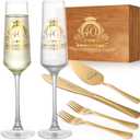 40th Wedding Anniversary Champagne Flutes Gifts, Happy Anniversary Decorations, Gold Cake Cutting Set Gfits for Women Men 40 th Birthday or Parents