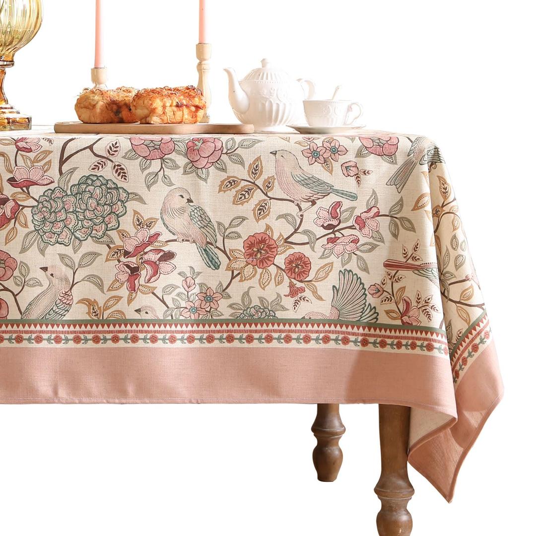 patdrea Designer Pink Linen Table Cloth for Rectangle Table,Vintage Floral with Birds Pattern Decorative Tablcloth,French Table Cover for Kitchen Dining,Thanksgiving,Christmas