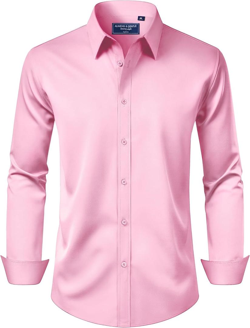 Alimens & Gentle Men's Dress Shirt Regular Fit Stretch Stain Shield Long Sleeve Solid Business Wedding Button Down Shirts (Large, Pink)