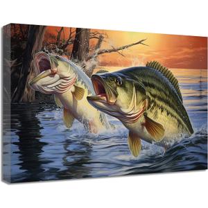 QIXIANG Fish Canvas Wall Art - Sunset Largemouth Bass Fish Jumping out of the Water Picture Prints for Nature Lovers - Bedroom Decor (16.00" x 24.00")