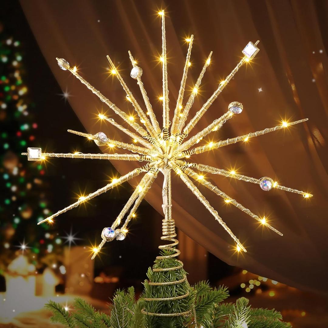 Christmas Tree Topper 15 inch Mid Century Vibe Retro 3D Lighted Starburst Tree Topper Decorations with Crystal and 19 Twinkle Lights(Gold) Christmas Tree Topper 15 inch Mid Century Vibe Retro 3D Lighted Starburst Tree Topper Decorations with Crystal and 19 Twinkle Lights(Gold)