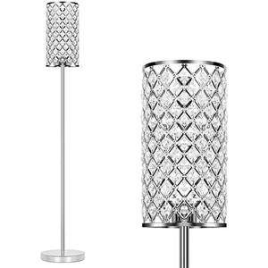 Crystal Floor Lamp, Modern Standing Lamp with Elegant Shade, LED Floor Lamp with On/Off Foot Switch Silver Finish Tall Pole Lamp Accent Lights for Living Room, Girl Bedroom, Dresser, Office (E26 Base)