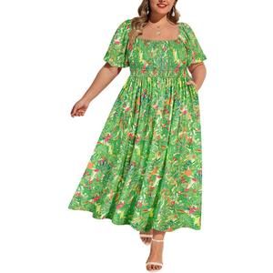 RITERA Plus Size Dresses for Curvy Women Square Neck Short Sleeve Summer Floral Smocked Maxi Dress with Pocket XL-5XL (Green, XXL)