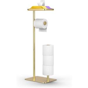 Day Moon Gold Toilet Paper Holder Free Standing Toilet Paper Holder with Storage - Toilet Paper Stand and Tissue Holder for Bathroom - Toilet Paper Holder with Shelf and Wipe Holder
