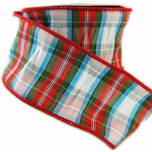 Wire Edged Sheltand Red, Green, White and Aqua Plaid Dupioni Ribbon 2 1/2" - 10 Yards