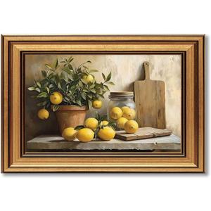 Vintage Gold Framed Canvas Wall Art, Country Kitchen Painting Picture Wall Decor, Lemon Kitchen Poster Print Artwork for Living Room Bedroom Kitchen Home Decoration 16x24in