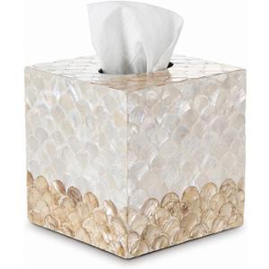 Coeusy Square Tissue Box Cover, Handmade Boho Decoraive Tissue Holder with Capiz Shells, Elegant Tissues Cube Box Cover for Bathroom Decor Accessories,Vanity,Night Stand,Office(White and Gold)