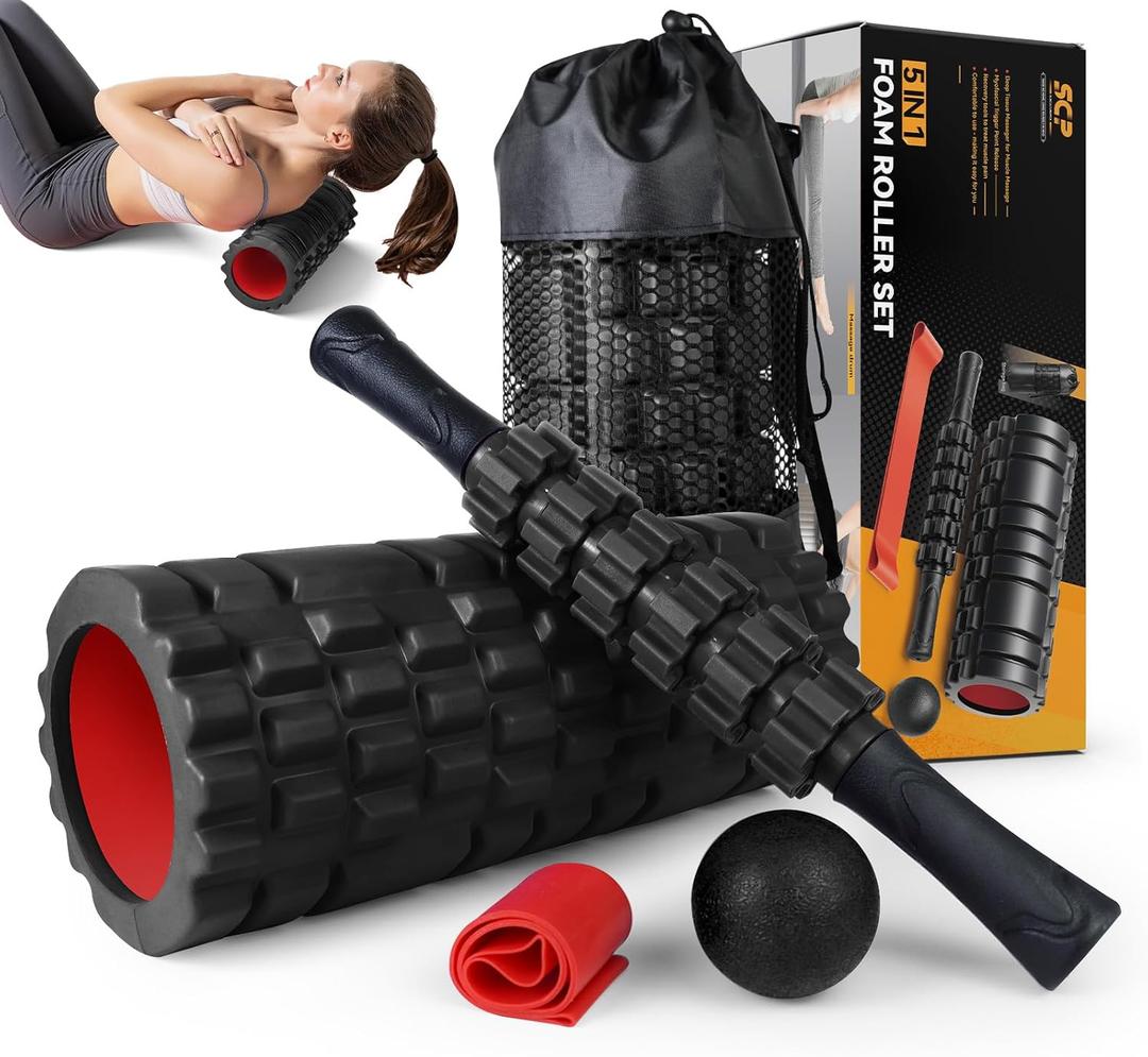 5 in1 Foam Roller Set, Trigger Point Foam Roller, Massage Roller Stick, Massage Ball, Resistance Band for Deep Muscle Massage Pilates Yoga, Fitness Exercise for Whole Body (Black-Red)