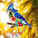 KY&BOSAM Blue Bird Suncatcher Merry Christmas Stained Glass Panel Suncathers for Windows Wind Chime Hanging Ornament with Pressed Flower and Metal Heart Charm Birthday Gift for Women Christmas Decor