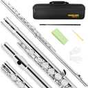 SONICAKE Nickel-plated C Flutes, Closed Hole 16Keys Flute for Beginner Student, Flute Instrument with Cleaning Kit, Carrying Case, Gloves, Tuning Rod, QFL-01