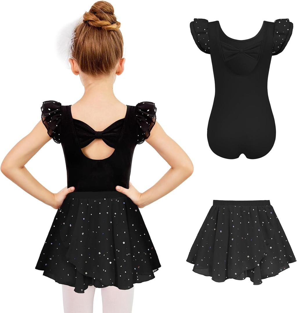 Zaclotre Girls Ballet Leotards Toddler Ruffle Sleeve Bow Back Dance Outfits Leotard with Removable Shinny Skirt Combo (8-9 Years, Black)