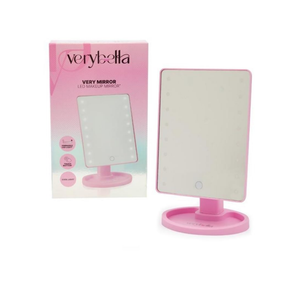 Verybella Make-Up Mirror for Table Colour Pink LED Lights Adjustable Turn On Touch Turn and Tilt up to 180 Degrees Size 6 x 10 in, White.