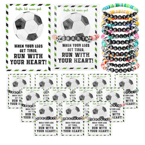 Zeyune 20 Set Soccer Bracelets Soccer Valentines Team Gifts Bulk Party Favors Stackable Clay Bead Adjustable Gifts Bracelets Inspirational Sports Cards for Team Players Adults Sports Party Favors