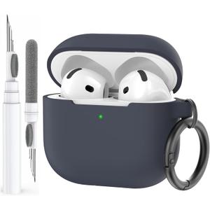AhaStyle AirPods 4 Case Cover (2024) with Cleaning Kit, Soft Silicone Shockproof Cover Skin for Apple AirPods 4, Support USB-C & Wireless Charging (A1-Midnight Blue)