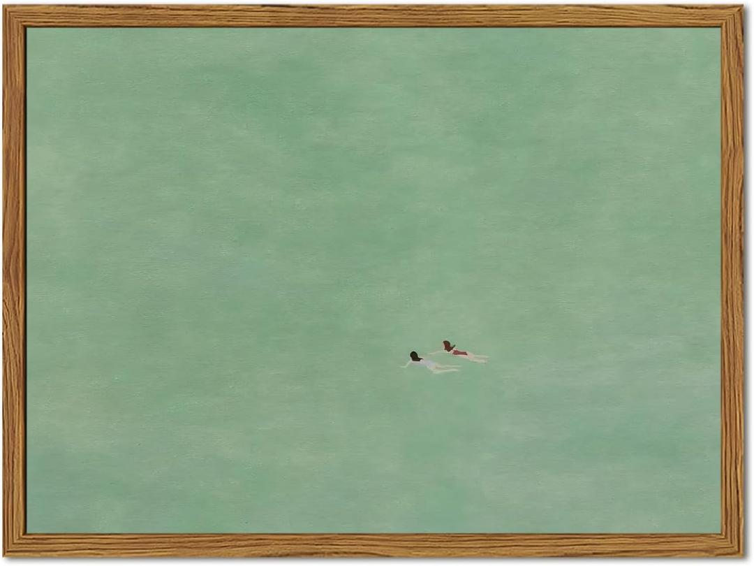 Framed Two Girls Swimming Canvas Wall Art, Minimalist Green Tiny People Swimming in Ocean Pictures Wall Decor, Summer Beach Paintings Prints Modern Home Decor for Living Room Bedroom 16x24inch