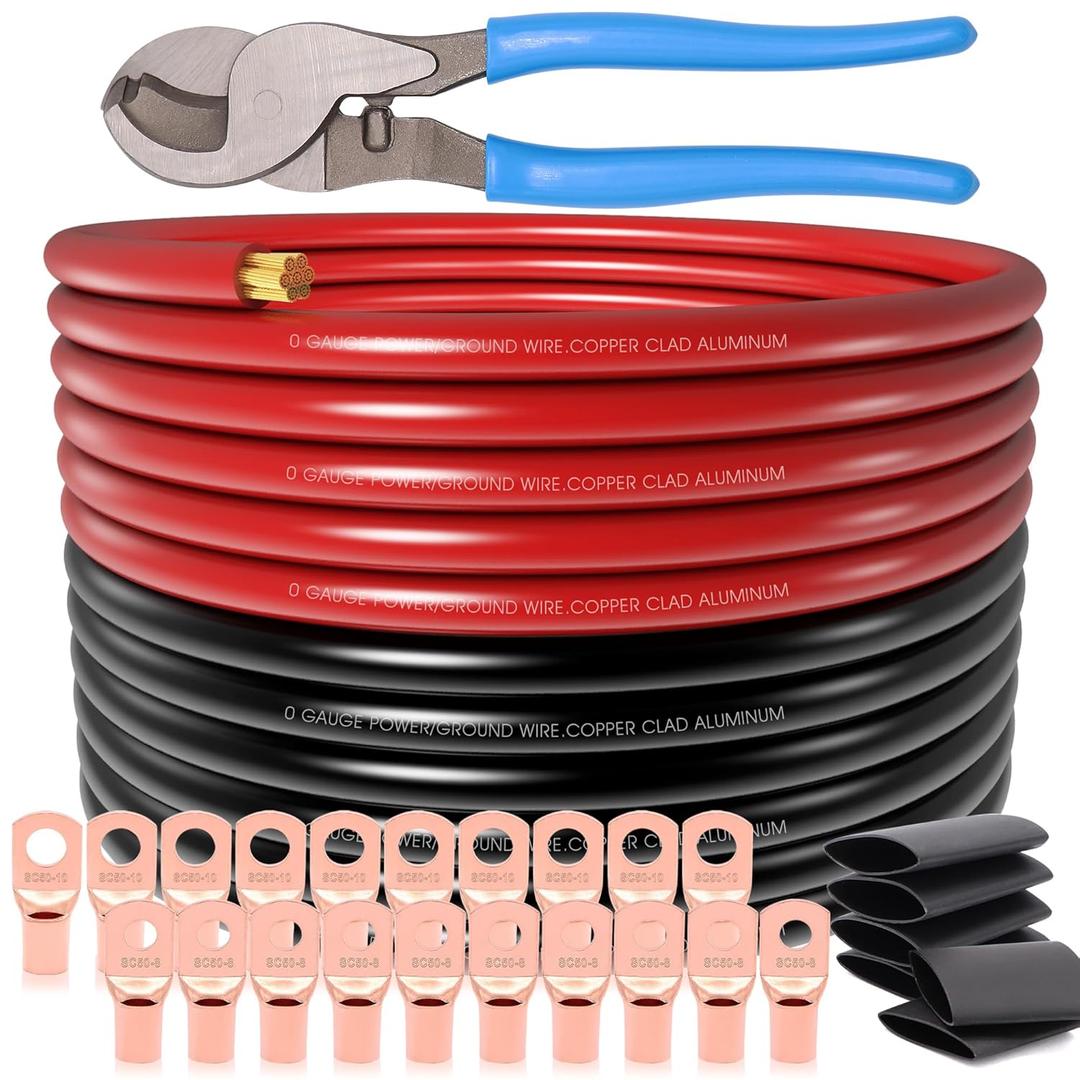 40FT 0 Gauge Wire Copper Clad Aluminum,1/0 Battery Cable,20pcs Lugs Terminal Connectors with 3:1Heat Shrink Tube (40FT Wire+Cutter)