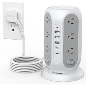 Tower Power Strip with Individual Switches, TESSAN Surge Protector with 12 Outlets, 5 USB Ports(2 USB C), Flat Extension Cord 10 Ft, Flat Plug, Charging Station for Multiple Devices, for Office, Dorm (Grey)