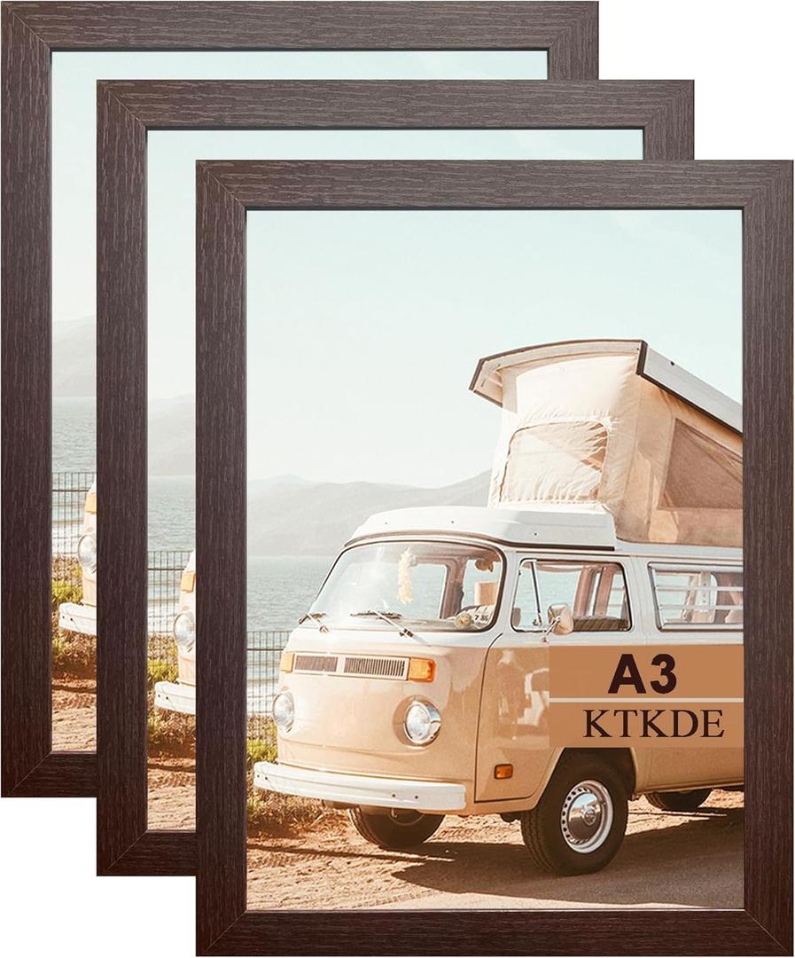 KTKDE A3 Poster Frame Walnut Woodgrain Picture Frame-11.7x16.5in Set of 3- Photo Frame,Certificate Frame with Plexiglass for Wall Mount or Table Top Display