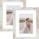 Hongkee 8x10 Picture Frame Set of 2, Made of Real Glass and Distressed White Wooden Frame - Display Picture 5x7 with Mat or 8x10 Without Mat, 8 by 10 Photo for Wall or Tabletop