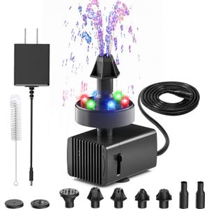 Jutai 24-Hours Working Bird Bath Fountains Electric, Adjustable Quiet Water Fountain Pump with LED Lights for Garden,Small Fish Tank, Pond,Water Features - 7 Nozzles,16.4Ft Power Cord