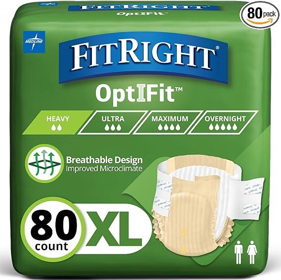 FitRight Adult Diapers, Extra Heavy Absorbency, XL (Waist Size 56in-64in), 80 Count, OptiFit Incontinence Briefs for Men and Women, Disposable, Moisture Wicking, Leak Protection,