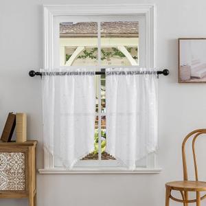 Beda Home Tassel Embroidery Sheer Curtain Valance for Kitchen Living Room; Light Filtering Rustic Short Tier for Small Windows Bedroom Privacy Added Rod Pocket Design (White 26x36-1 Pair)