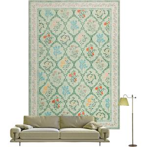 YIHOUSE 5x7 Washable Rug for Bedroom, Green Floral Rugs for Living Room Non Slip Ultra-Thin Large Boho Rug for Kids Playroom, Classroom, Girls Dorm, Nursery, Green Multi
