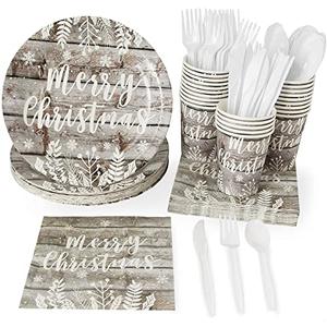 Sustainable Greetings Juvale 144 Piece Merry Christmas Party Plates, Napkins, Cups, Cutlery, Wood Plank Design Dinnerware (Serves 24) - Dinnerware Set - Christmas Plates And Napkins