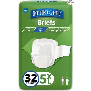 FitRight Bariatric Adult Diapers, Ultra Heavy Absorbency, 5XL (Waist Size 90in-106in), 32 Count, Disposable Incontinence Briefs for Men and Women, Moisture-Wicking, Leak Protection,