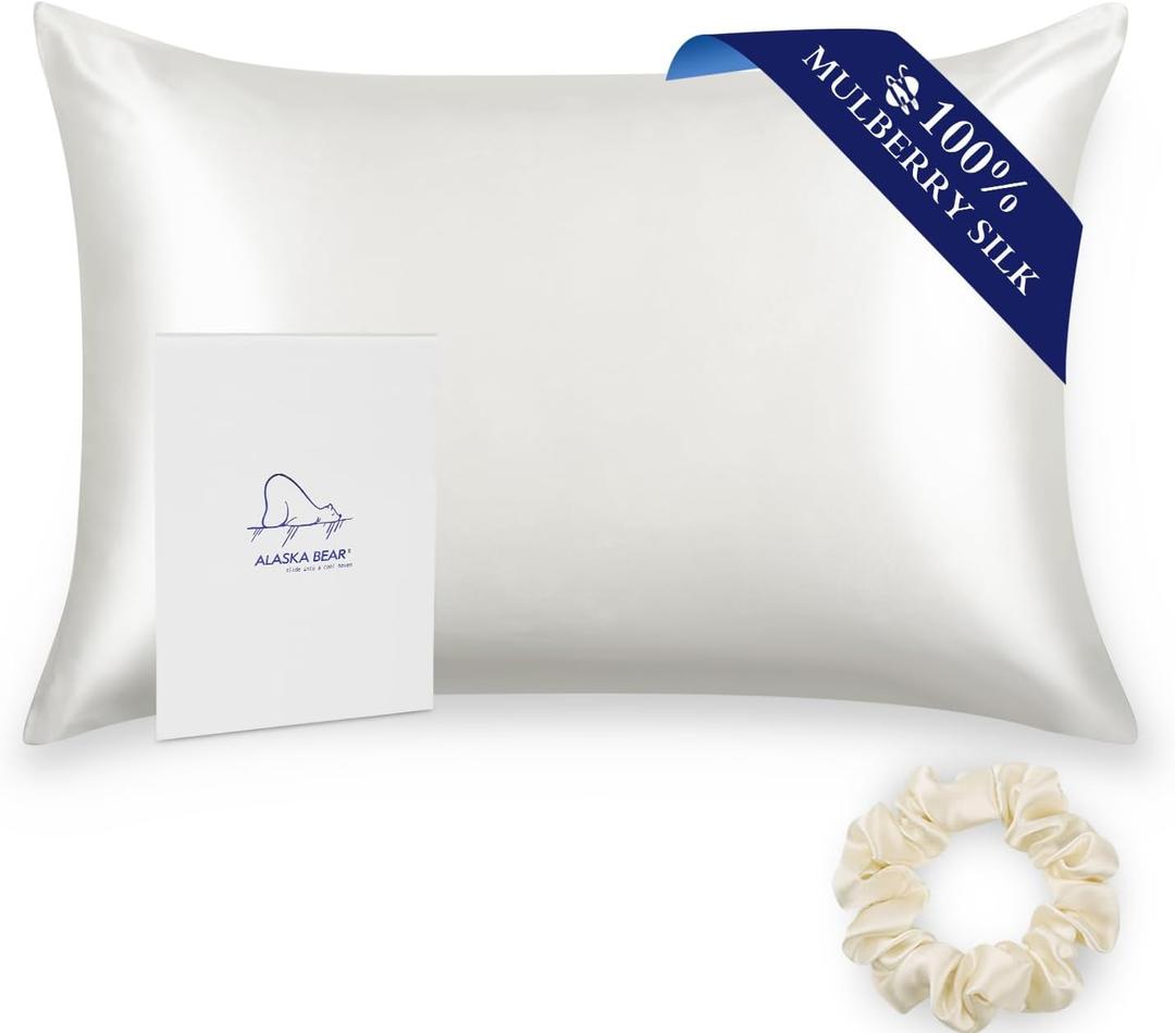 ALASKA BEAR Silk Pillowcase for Hair and Skin, 100% Mulberry Silk Pillow Cases Queen Size for Beauty and Cool Sleep, Scrunchy Gift Set, Natural White(1pc, Ivory) (Queen 20''x30'')