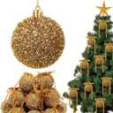 Wesiti 24 Sets 2.6 Inch Gold Glitter Christmas Ball Ornament Set 24 Sparkly Shatterproof Tinsel Ball Ornament with 24 Bow Sequin Hanging Xmas Tree Decoration Indoor Outdoor for Xmas Wedding Decor