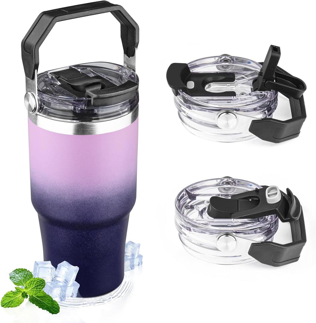 20oz Tumbler with Handle and Flip Straw Lid Double Wall Insulated Travel Coffee Mug Stainless Steel Vacuum Coffee Tumbler Cup for Hot and Cold Drinks Leak-proof&BPA-free20oz,Light purple Navy blue