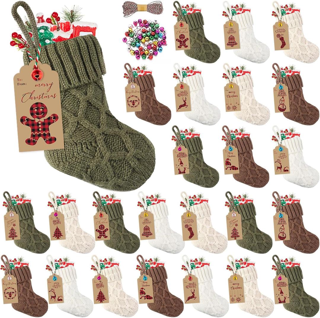12 Set Mini Christmas Stockings Set 6 Inch Diamond Knitted Xmas Hanging Stockings with Kraft Paper Gift Tags Bells Christmas Tree Ornaments for Family Holiday Xmas Party Decorations