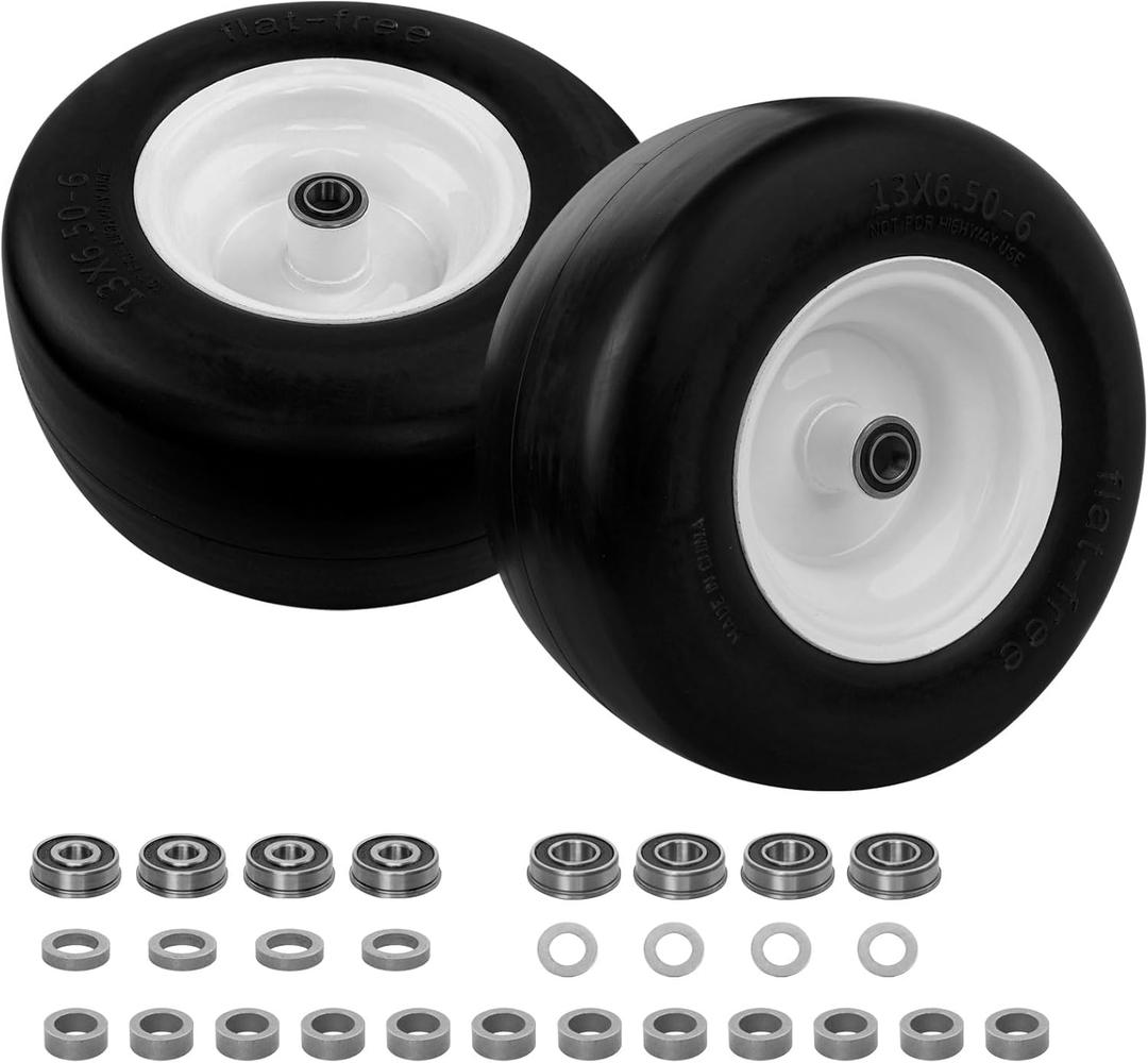 HQPASFY 13x6.50-6 Flat-Free Lawn Mower Tire & Wheel Set of 2, Zero-Turn Mower Front Tires with 1/2" & 5/8" Bearings, Solid Smooth Puncture-Proof Replacement for Lawn Mowers & Zero-Turn Mowers, White
